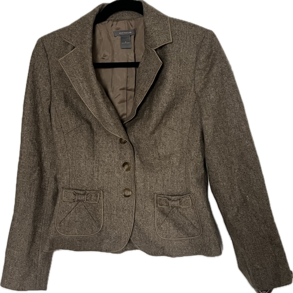 Ann Taylor Taupe Wool Tweed Blazer with Bow Accents Size 4